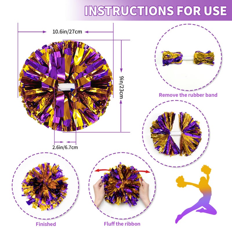 CREATIEE-PRO 4Pcs Metallic Cheerleading Pom Poms, Creatiee 2 Pair Cheerleader Cheering Squad Pompoms for School Sports Dance Games Team Spirit Cheer (Purple-Gold) - Image 3